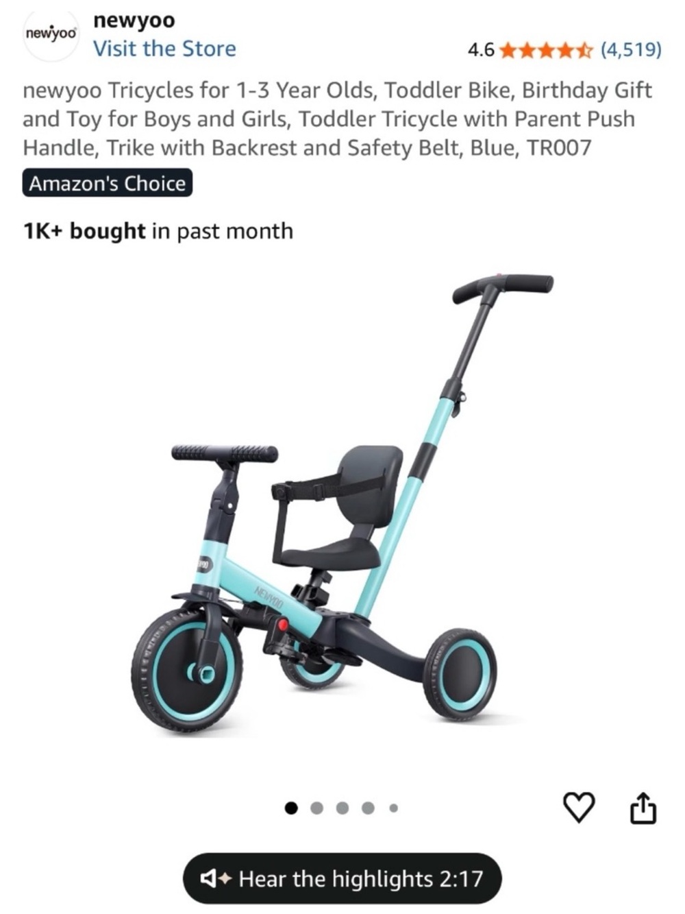 Toddler Tricycle with Parent Push Handle - Light Blue
